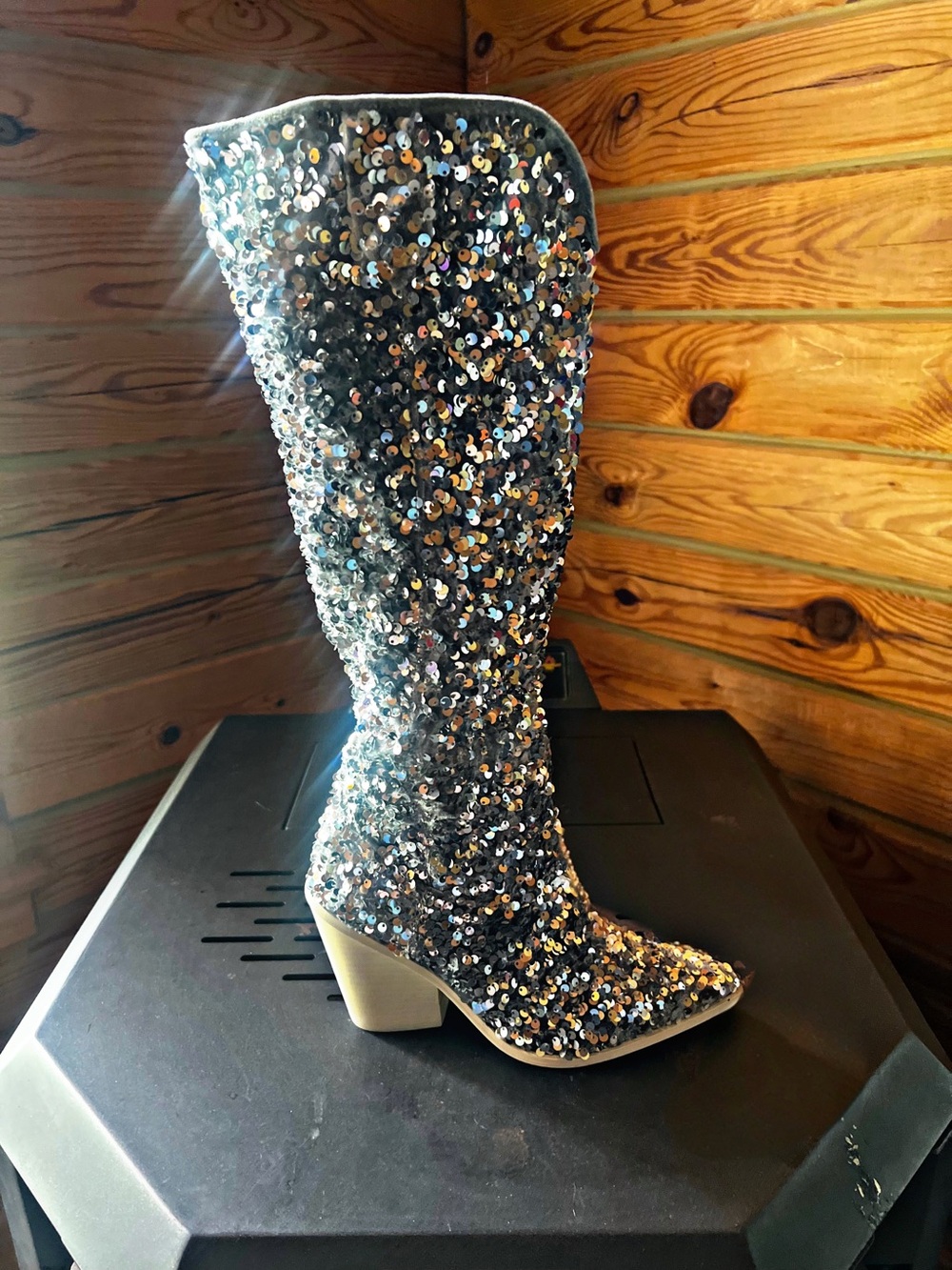 Steve Madden Silver Sequin Knee-High Block Heel Boots - Picture 3 of 8